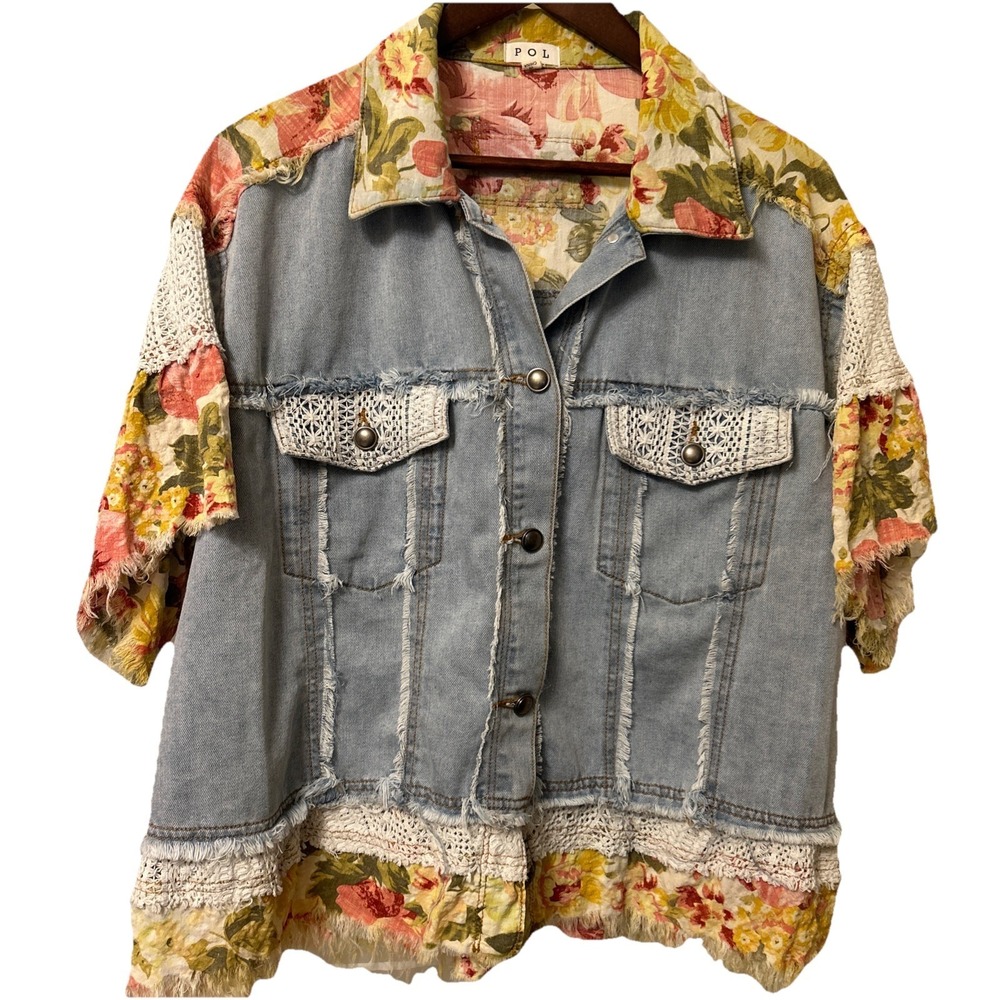 POL Patchwork Denim Short Sleeve Jacket Floral Eyelet Boho Shabby Chic Raw Edge - Picture 2 of 8